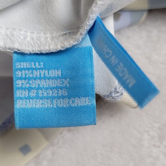 J.McLaughlin Beige & Blue Abstract Print 3/4 Sleeve Boat Neck Top Small Stretch - Picture 5 of 8